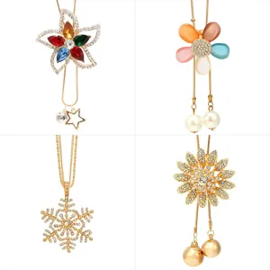 Elegant Alloy Rhinestone Flower Snowflake Pendant Necklace Women Cat's Eye Stone Artificial Pearl Long Sweater Chain Jewelry
