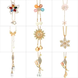 Elegant long sweater necklaces with snowflake, flower and cat eye stone pendants