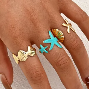 Vintage Vergoldete Legierung Seestern Jakobsmuschel Offene Ringe Verstellbar Sommer Strand Urlaub Schmuck Für Damen