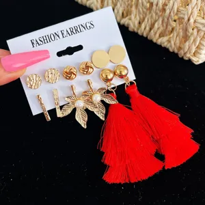 Bohemian Oorbellen Collectie Voor Dames Rode Kwastjes Blad Handoorbellen Kunstparel Goud Legering Sieraden Oorknopjes Assortiment