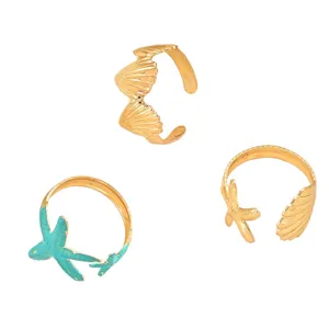 3er-Set verstellbare Metallringe mit Seestern- und Muschelmotiv für den Strandurlaub