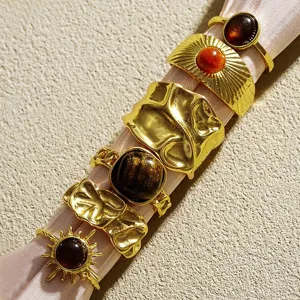 Vintage Bohemian gold ring set with amber stones for women, stackable jewelry collection