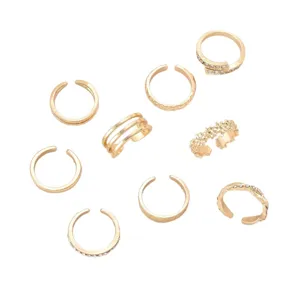 Juego de 9 anillos ajustables para los dedos del pie en oro con detalles de cristales