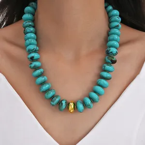 Handgefertigte Acryl Perlenkette Für Damen Türkis Marmor Textur Statement Choker Mit Goldener Perle Bohemien Schmuck