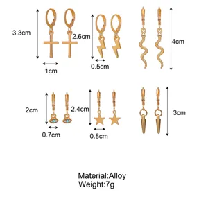 Size specifications of gold alloy earrings set including cross and star charm designs