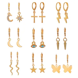Western Fashion Zinc Alloy Earring Set Rhinestone Evil Eye Cross Lightning Snake Butterfly Star Moon Hoop Earrings For Women Jewelry