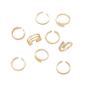Elegant nine-piece golden rhinestone open toe ring set for beach fashion and stacking