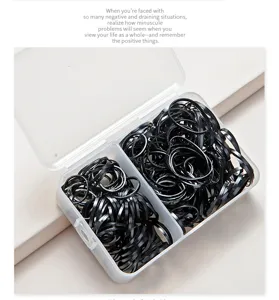 Detail view of black disposable elastic hair bands stored in a clear plastic box