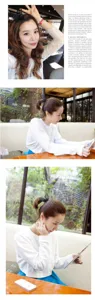 Asian model wearing a cute black lace rabbit ear hair tie in a stylish cafe environment