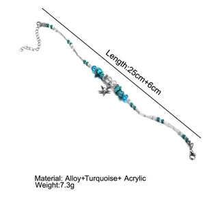 Detail view of beach style starfish anklet with turquoise beads length and material specs