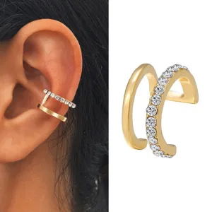 Elegant gold-tone double-layer U-shaped ear cuff featuring sparkling crystal accents