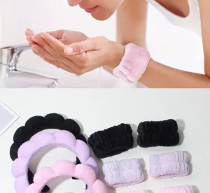Detailed view showing the soft sponge headband and matching wristband set for face washing.