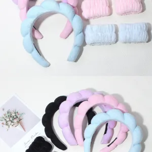 Detail view of plush bubble headbands and matching wristbands in various pastel colors