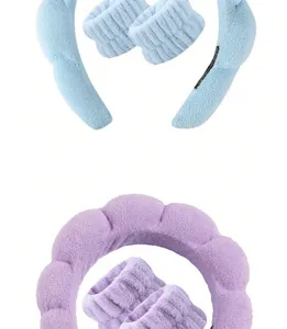 Close-up detail of plush sponge headband and wristband set in blue and purple colors