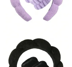 Close-up of plush twist headband and matching wristbands for daily skincare routine.