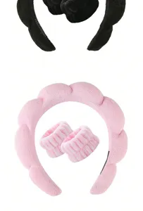 Pink plush sponge headband with matching absorbent wristbands for skincare routines