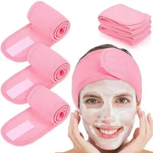 Adjustable pink coral fleece spa headband with magic tape for makeup and face washing