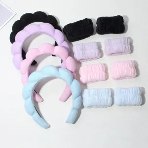 Soft plush spa headband and wristband set for face washing in pink blue purple black