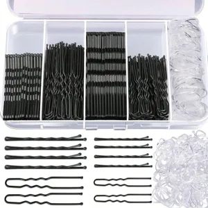Ensemble de Barrettes en Métal Laqué et Élastiques Boîte de Pinces Bobby Clips en U Élastiques Transparents pour Femmes