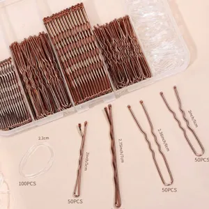 Coffret complet de 300 pinces à cheveux rose doré et élastiques avec boîte de rangement
