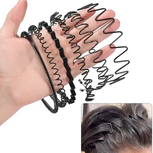 Set professionale di 6 cerchietti per capelli in metallo ondulato nero da uomo per sport.