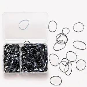 Set of black high elastic rubber hair bands stored in a clear plastic organizer box