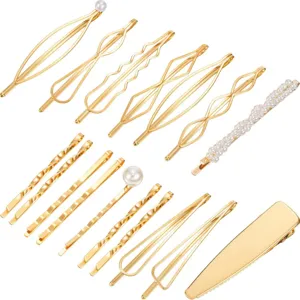 17pcs elegant gold metal hair clip set with geometric designs and pearl accents