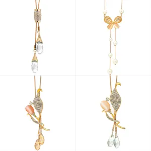 Exquisite Korean style long sweater chain necklaces with cat's eye stone and crystals