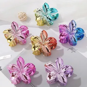 Metallic Plumeria Hair Claw Clip Hawaiian Flower Shark Clip For Women Elegant Vacation Electroplated Floral Hair Accessories