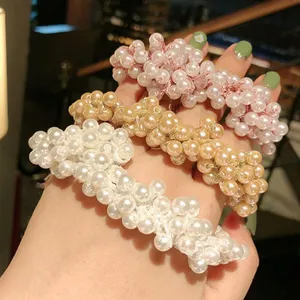 Lot de chouchous élégants avec perles en blanc, champagne et rose pour la coiffure