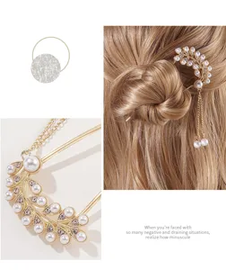 Elegant gold leaf pearl hair fork set for Hanfu hairstyles, close-up and model demo