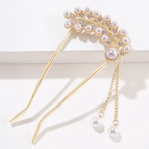 Elegant gold U-shaped pearl hair stick with dangling crystal tassels for Hanfu style