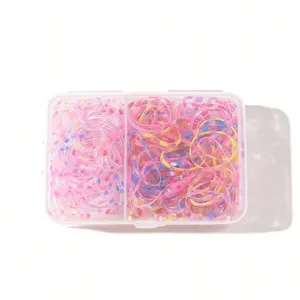 Colorful disposable elastic hair bands for kids in a clear two-compartment storage box