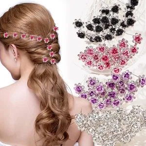 Rose Flower U-Shaped Hair Pins Alloy Rhinestone Hair Insert Sticks For Dance Performance Wedding Women Bun Decor Hair Accessories