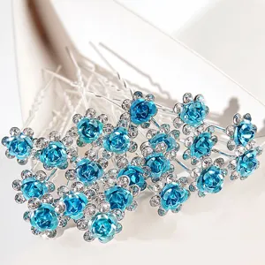 Elegant blue rose rhinestone U-shaped hair pins for dance performances and weddings