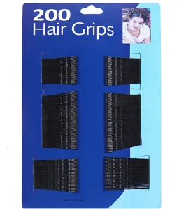 Detailed view of 200 black wavy bobby pins hair grips in bulk cardboard packaging