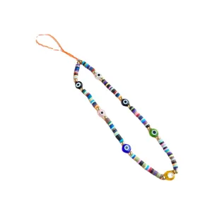 Ethnic colorful polymer clay beaded phone strap with vibrant multi-color evil eye charms