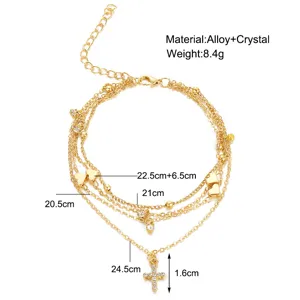 Detailed measurements of multi-layer gold anklet with heart charms and crystal cross
