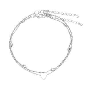 Detailed close-up showing the double-layered silver chain with heart pendant and bead accents