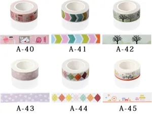 Decorative washi tape rolls for journaling and crafts. Colorful patterns in multiple designs.