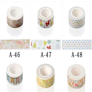 Detailed close-up of decorative washi tape rolls displaying various vibrant patterns and styles.