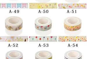 Close-up detail of colorful decorative washi tape rolls featuring various artistic patterns.