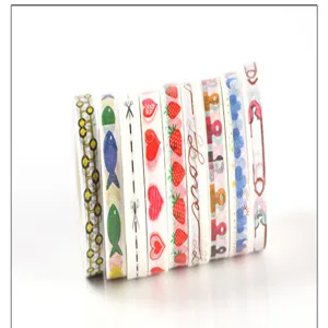 Detail shot of decorative washi tape rolls featuring cute hand-drawn patterns and cute designs.