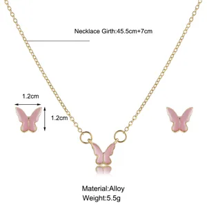 Detailed measurements of pink butterfly necklace and earrings jewelry set in gold alloy