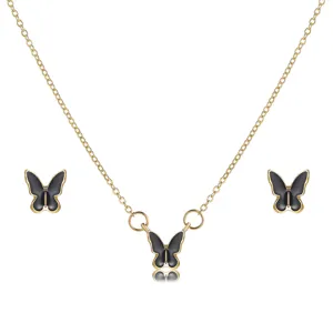 Elegant gold chain necklace and butterfly stud earring set featuring black enamel motifs