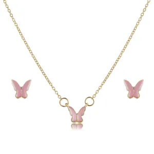 Detailed view of pink butterfly jewelry set featuring gold-tone necklace and earrings.