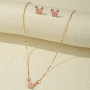 Detailed macro view of pink butterfly jewelry set featuring necklace and earrings