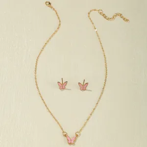 Close-up of pink butterfly jewelry set featuring gold necklace and matching stud earrings