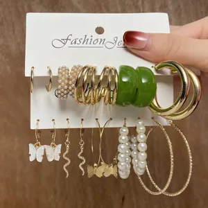 Pendientes de Aro Vintage de Aleación de Oro con Perlas Artificiales Mujer Mariposa de Acrílico Corazón Strass Pendientes de Botón Joyería