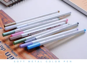 Metallic brush pens detail shot showing colorful markers arranged neatly on wooden table surface.